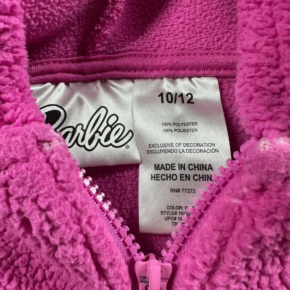 Barbie Sherpa Fleece Hoodie Kids Size 10/12 Pink Malibu Graphic Zip Up Jacket